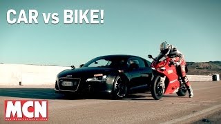 Car Audi R8 vs Bike Ducati Panigale 1199R  Feature  Motorcyclenewscom [upl. by Noble]