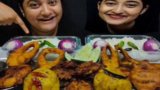 Panta Bhat Eating ShowWater Rice Eating With Aloo Makha Hilsa Fish Pakora [upl. by Tami]