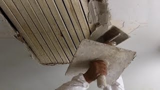 How to Do Traditional Plastering on a Wooden Lath Ceiling Tutorial [upl. by Wennerholn]