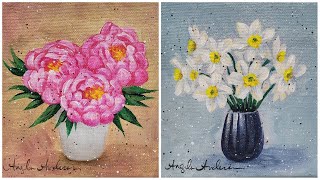 Easy Small Floral Canvas  Peony amp Narcissus Acrylic Painting Tutorial [upl. by Yelrebma251]