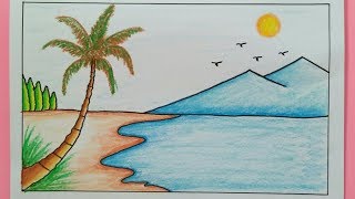 Cara Menggambar Pemandangan Pantai  How To Draw A Scenery Of Sea Beach [upl. by Reerg]