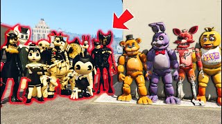 FNAF 1 ANIMATRONICS vs ALL BENDY amp THE INK MACHINE CHARACTERS GTA 5 FNAF Mods [upl. by Jewelle]