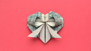 My MONEY HEART WITH BOW  Dollar Origami for Valentines Day  Tutorial DIY by NProkuda [upl. by Ravel8]