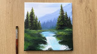 Acrylic Painting for Beginners  Forest Trees Mountain Landscape Painting [upl. by Corotto]