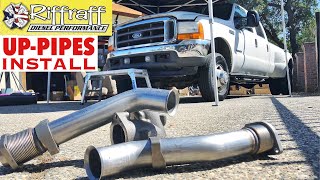 2001 F350 73  RiffRaff UpPipes Install  Stock up pipes leaking and falling apart JUNK SP [upl. by Mihe]