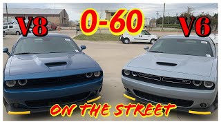 V6 GT vs V8 RT Challenger  060 on the Street [upl. by Netsyrc]