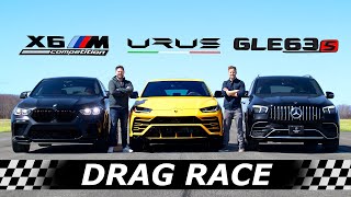 2021 BMW X6M Competition vs MercedesAMG GLE 63S vs Lamborghini Urus  DRAG amp ROLL RACE [upl. by Wira]